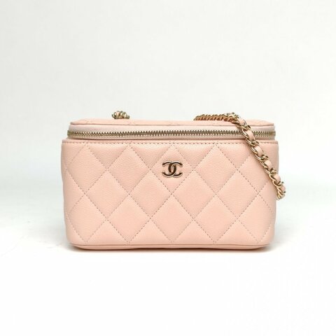 CHANEL 長盒子化妝包帶鏡子粉色荔枝牛皮淺金扣皮穿鏈肩背包