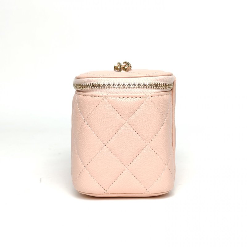 CHANEL 長盒子化妝包帶鏡子粉色荔枝牛皮淺金扣皮穿鏈肩背包-1