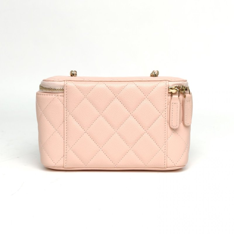 CHANEL 長盒子化妝包帶鏡子粉色荔枝牛皮淺金扣皮穿鏈肩背包-2