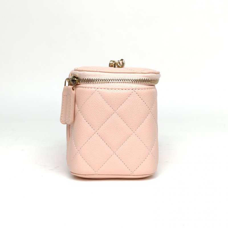 CHANEL 長盒子化妝包帶鏡子粉色荔枝牛皮淺金扣皮穿鏈肩背包-3