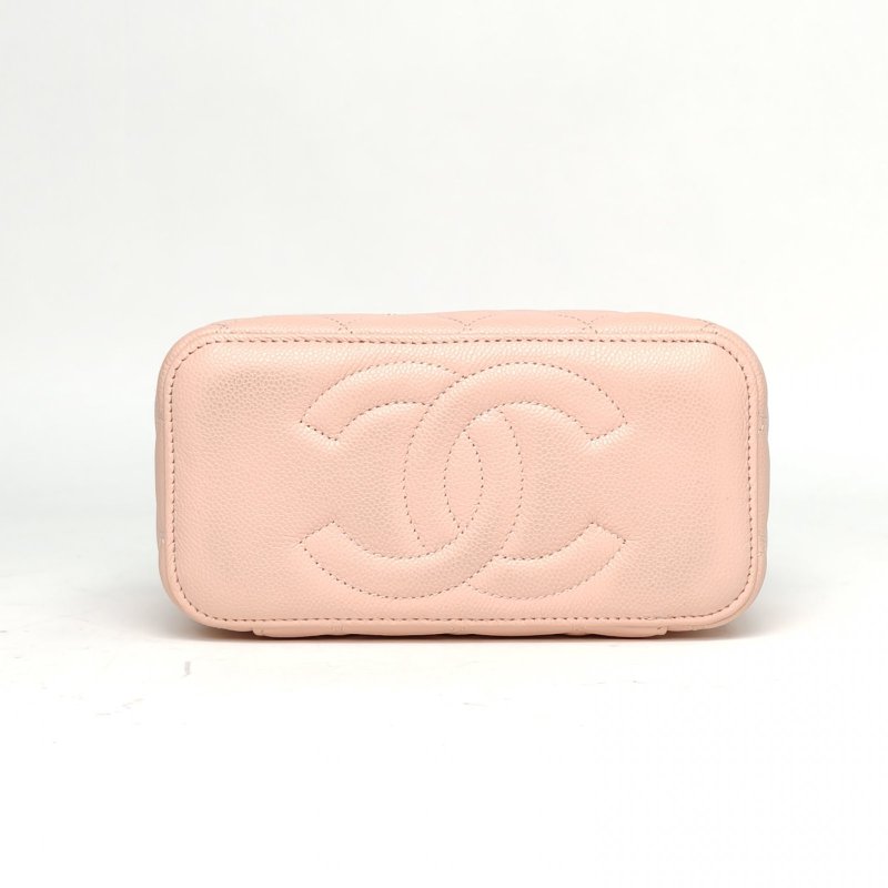 CHANEL 長盒子化妝包帶鏡子粉色荔枝牛皮淺金扣皮穿鏈肩背包-4