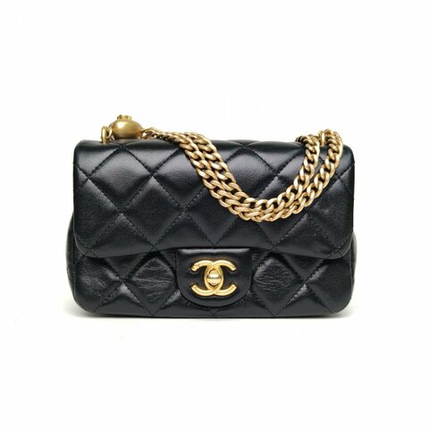 CHANEL 黑色羊皮晶片開金扣愛心金球肩帶25CCF口蓋包肩背包