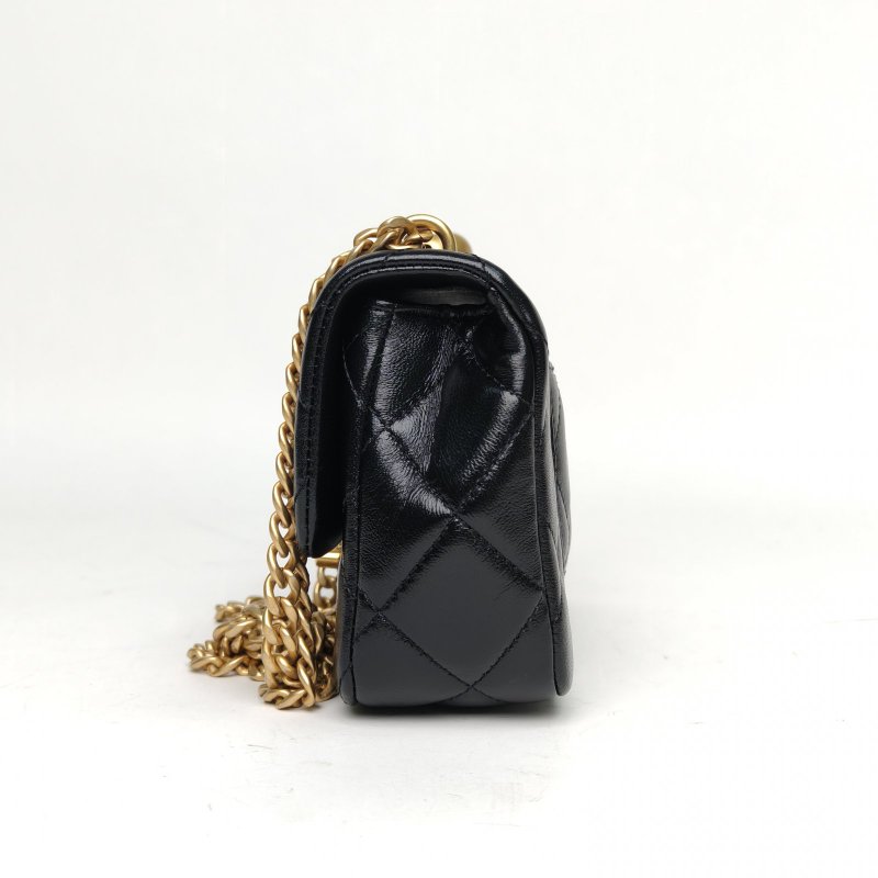 CHANEL 黑色羊皮晶片開金扣愛心金球肩帶25CCF口蓋包肩背包-1