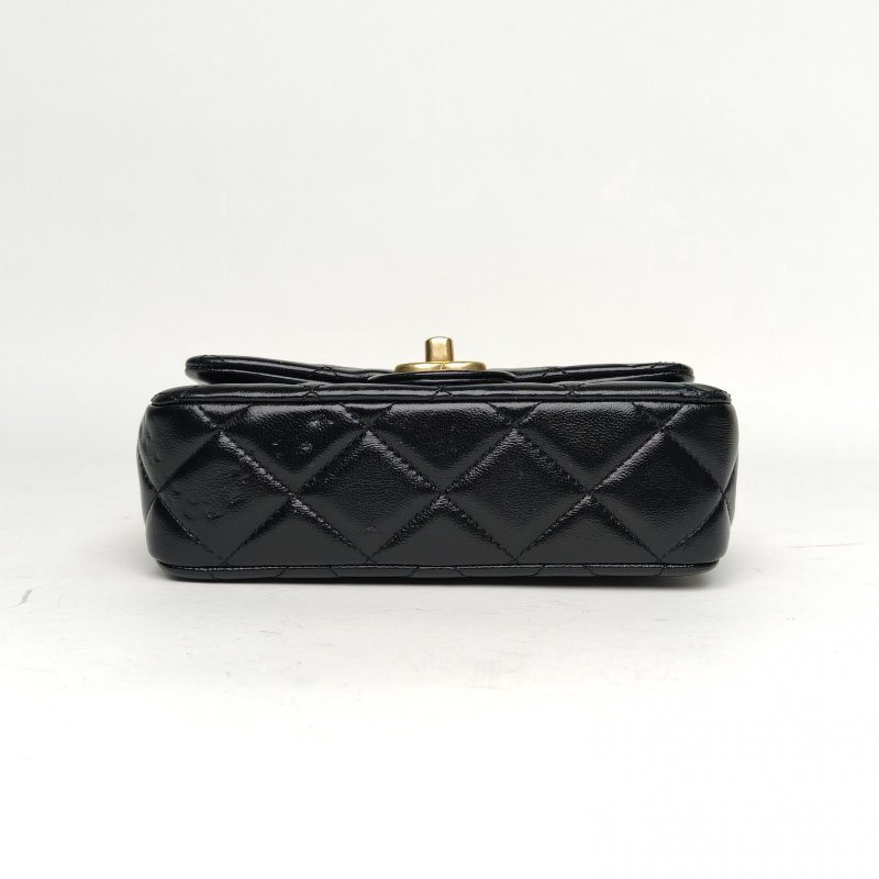 CHANEL 黑色羊皮晶片開金扣愛心金球肩帶25CCF口蓋包肩背包-4