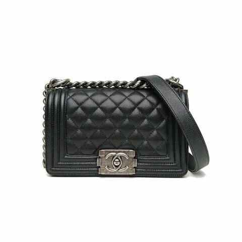 CHANEL Leboy小號20.5黑色荔枝牛皮晶片銀扣菱格紋肩背包