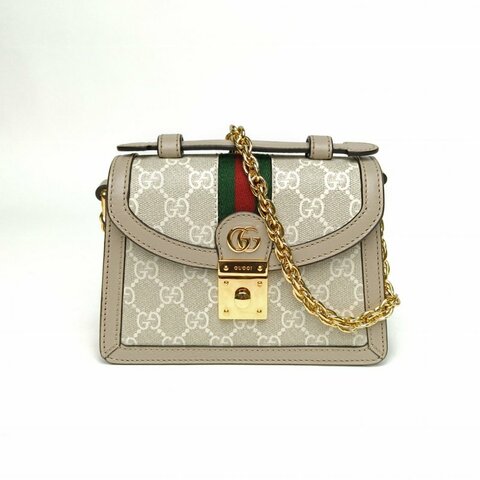 GUCCI Ophidia郵差包紅綠條紋織帶迷你米白色PVC金扣肩背包