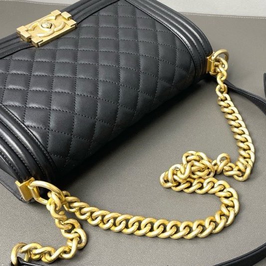 香奈兒/Chanel Leboy 金扣菱格紋簡約經典 小牛皮 肩背斜背包-12