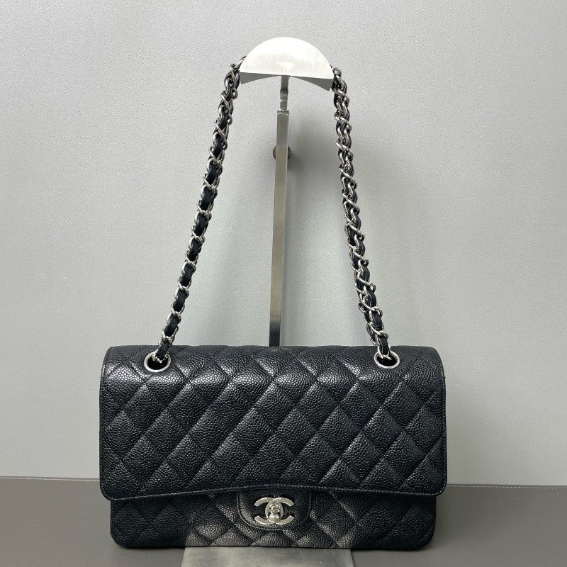 香奈兒/Chanel 黑色菱格紋 CF雙蓋黑銀荔枝紋 鏈條肩背包-6