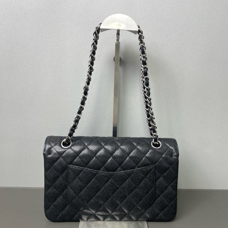 香奈兒/Chanel 黑色菱格紋 CF雙蓋黑銀荔枝紋 鏈條肩背包-7