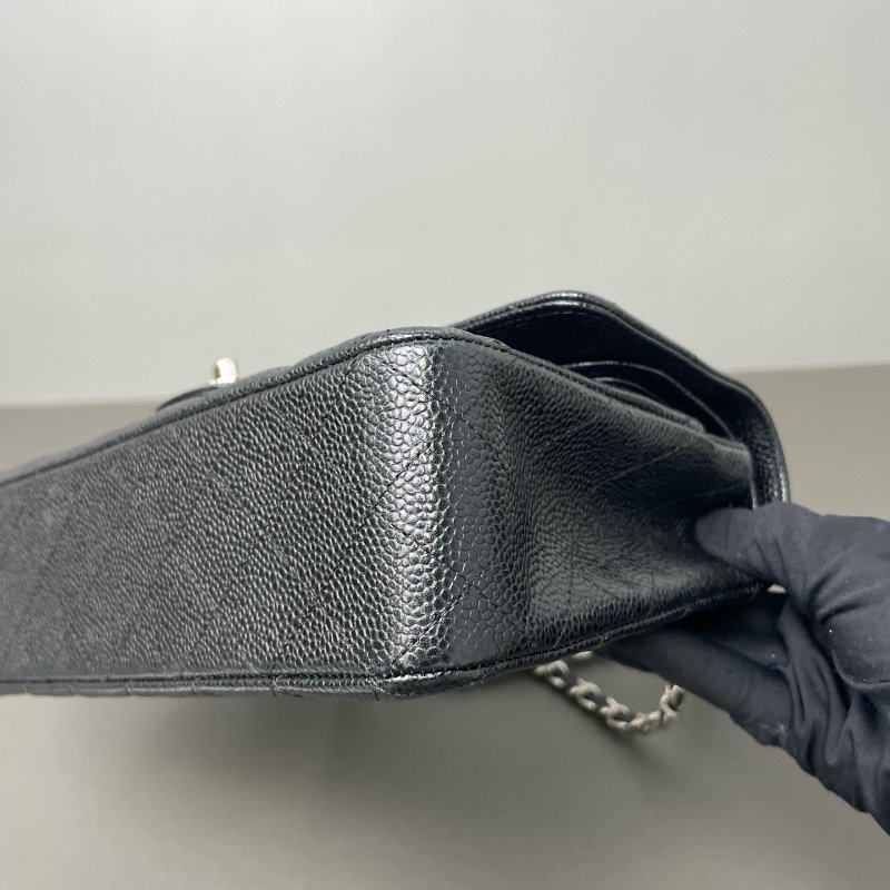 香奈兒/Chanel 黑色菱格紋 CF雙蓋黑銀荔枝紋 鏈條肩背包-9