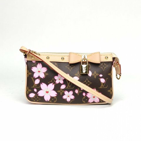 LOUIS VUITTON 老花金扣晶片Pochettes大麻將包村上隆聯名櫻花系列肩背包