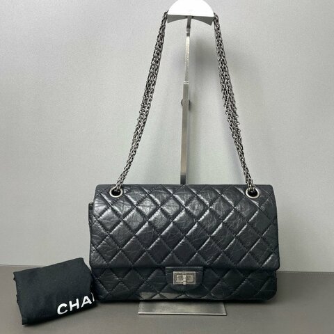 香奈兒/Chanel 2.55 黑銀牛皮肩背斜背鏈條包 經典口蓋設計 頭層牛皮+複古菱格纹