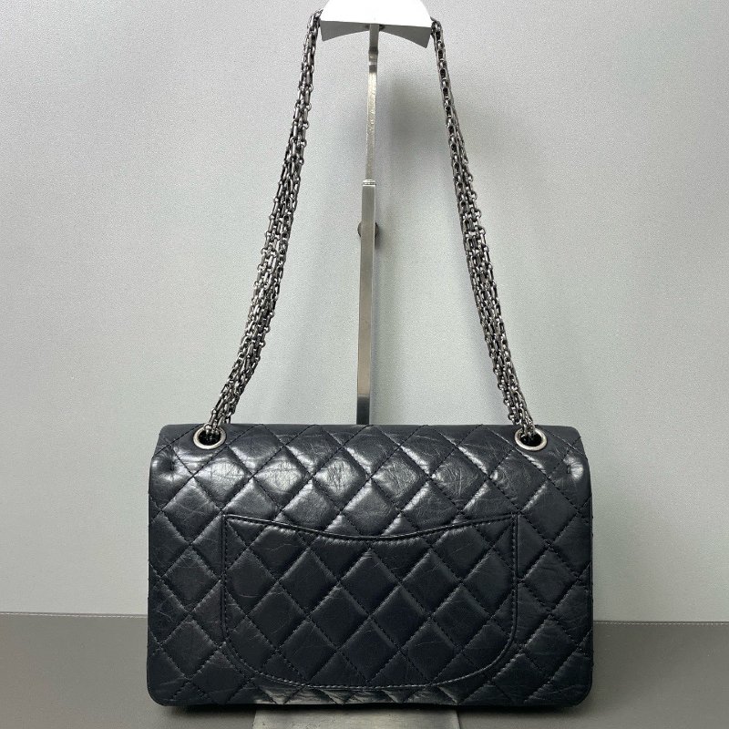 香奈兒/Chanel 2.55 黑銀牛皮肩背斜背鏈條包 經典口蓋設計 頭層牛皮+複古菱格纹-1
