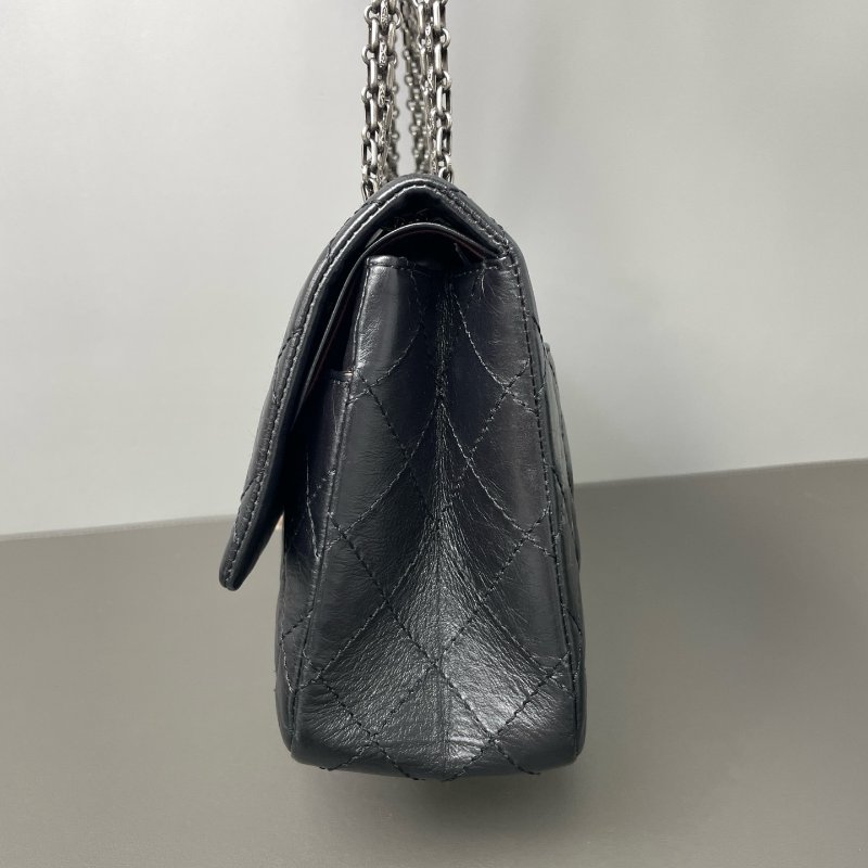 香奈兒/Chanel 2.55 黑銀牛皮肩背斜背鏈條包 經典口蓋設計 頭層牛皮+複古菱格纹-2