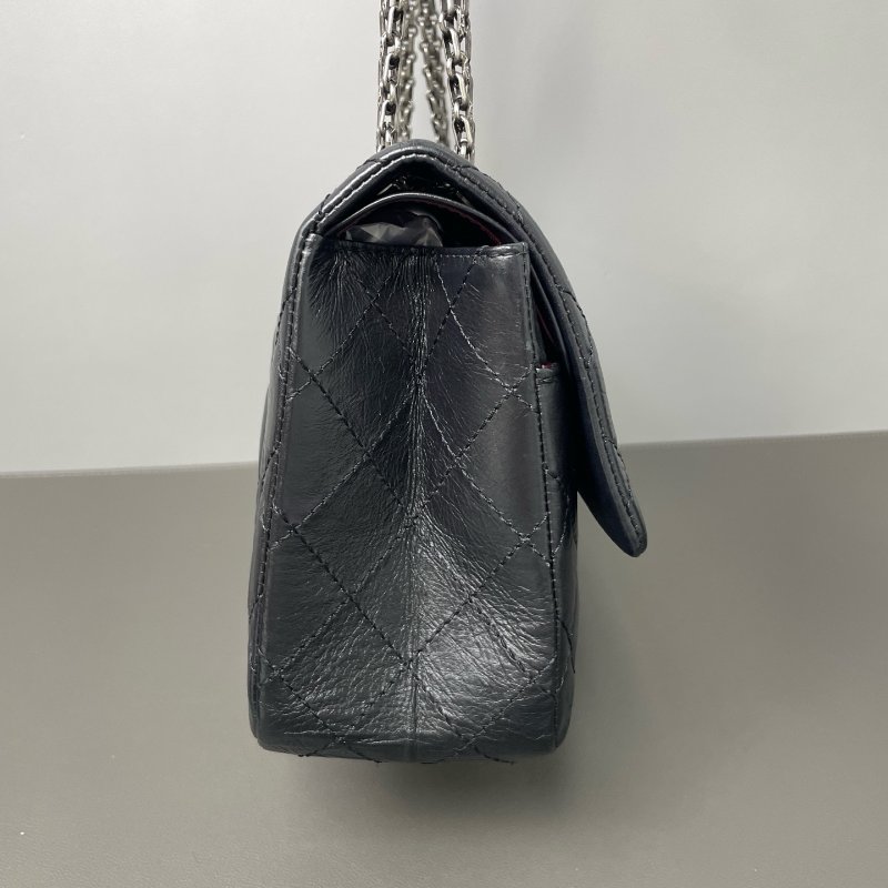 香奈兒/Chanel 2.55 黑銀牛皮肩背斜背鏈條包 經典口蓋設計 頭層牛皮+複古菱格纹-3