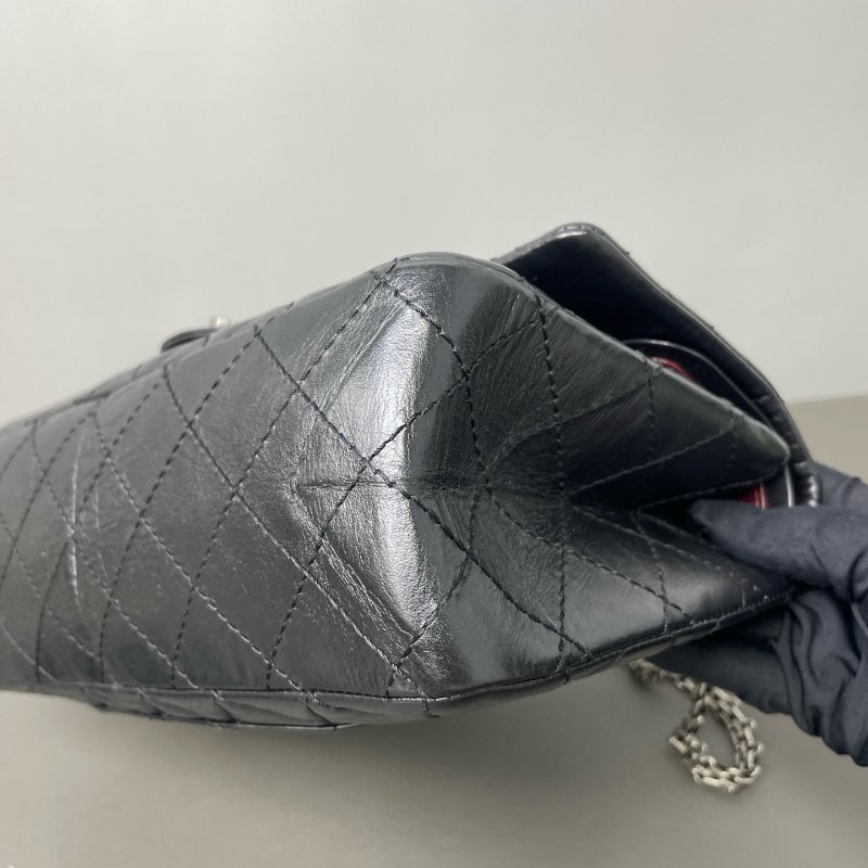 香奈兒/Chanel 2.55 黑銀牛皮肩背斜背鏈條包 經典口蓋設計 頭層牛皮+複古菱格纹-5