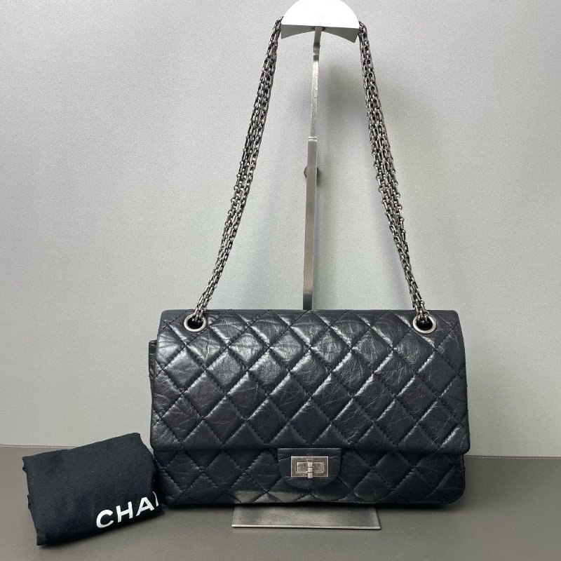香奈兒/Chanel 2.55 黑銀牛皮肩背斜背鏈條包 經典口蓋設計 頭層牛皮+複古菱格纹-6