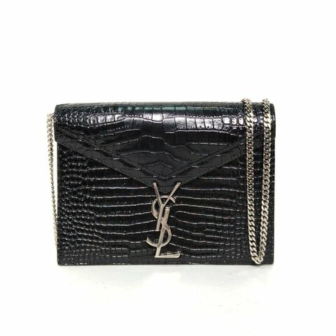 SAINT LAURENT CASSANDRA信封鏈條包22鱷魚壓紋黑色牛皮銀扣肩背包