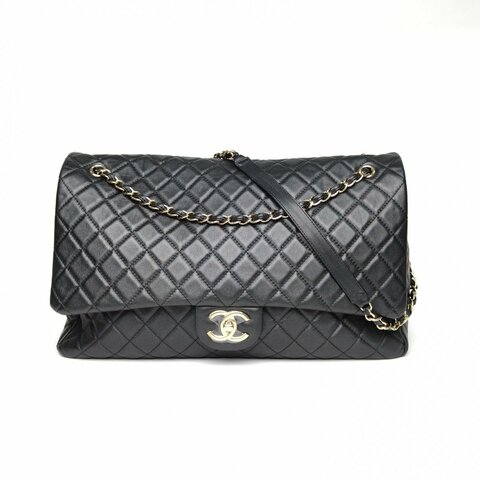 CHANEL CF系列黑金超大號機場包黑色黑色牛皮28開金扣肩背包