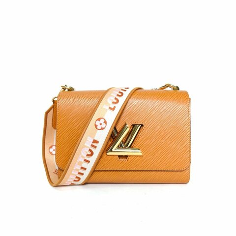 LOUIS VUITTON TWIST中號23寬肩帶棕色水波紋牛皮金扣晶片肩背包