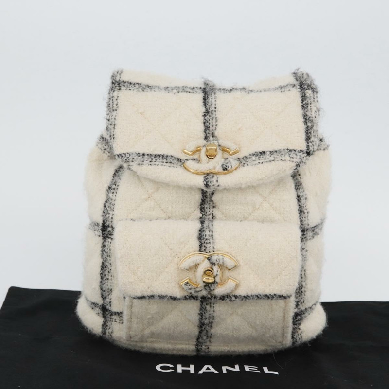 【日本直送】香奈兒 (CHANEL) Matelasse 鏈條雙肩包，斜紋軟呢布料，白色，金色雙C標誌，貨號 172472SM-11