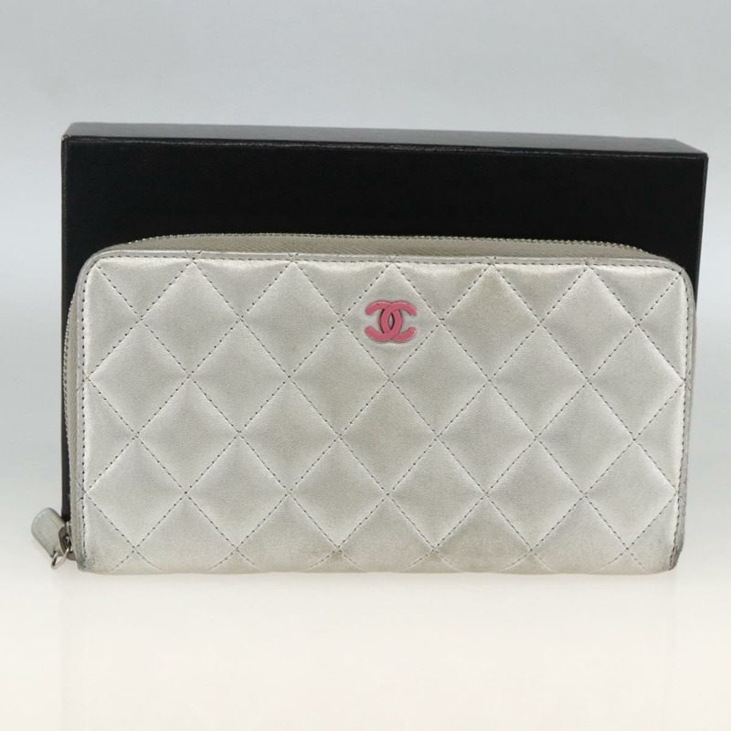 【日本直送】香奈兒 (CHANEL) 絎縫長款錢包，羊皮材質，銀色，CC標誌，LNZ865A-11
