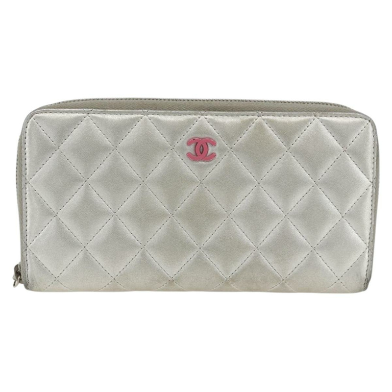 【日本直送】香奈兒 (CHANEL) 絎縫長款錢包，羊皮材質，銀色，CC標誌，LNZ865A-12