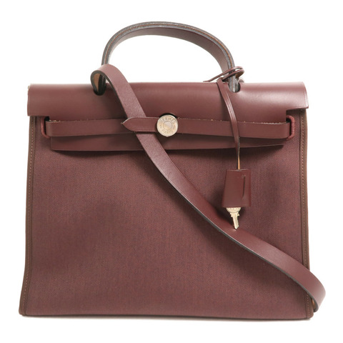 HERMES Toile H帆布Herbag PM手挽肩背兩用袋Rouge Sellier