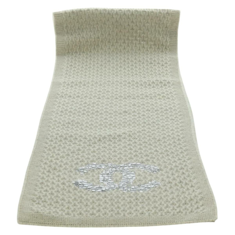 【日本直送】香奈兒 COCO 標誌圍巾 羊絨 米色 銀色 CC 認證 BA11371V-1