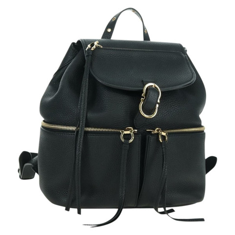 Salvatore Ferragamo Gancini 黑色金色皮革雙肩包 Auth AMZ437V