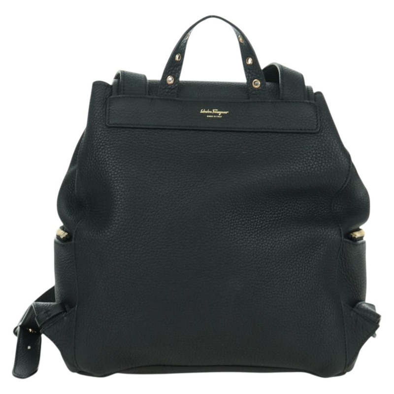 【日本直送】Salvatore Ferragamo Gancini 黑色金色皮革雙肩包 Auth AMZ437V-1