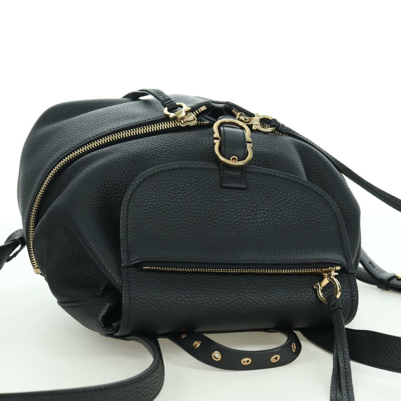 【日本直送】Salvatore Ferragamo Gancini 黑色金色皮革雙肩包 Auth AMZ437V-5