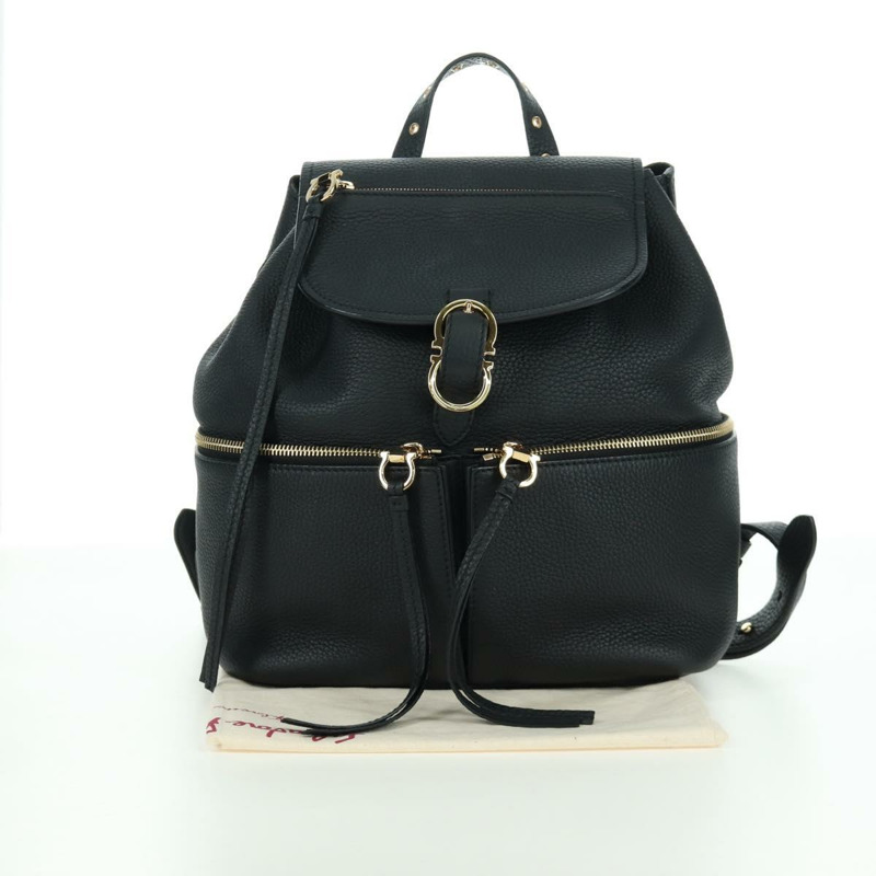 【日本直送】Salvatore Ferragamo Gancini 黑色金色皮革雙肩包 Auth AMZ437V-11