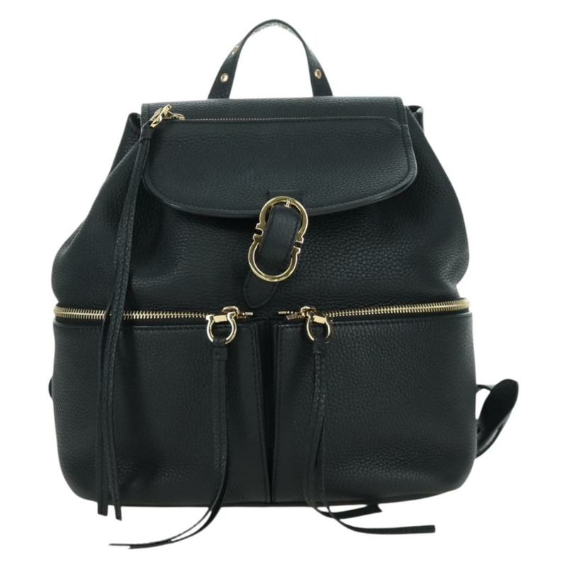 【日本直送】Salvatore Ferragamo Gancini 黑色金色皮革雙肩包 Auth AMZ437V-12