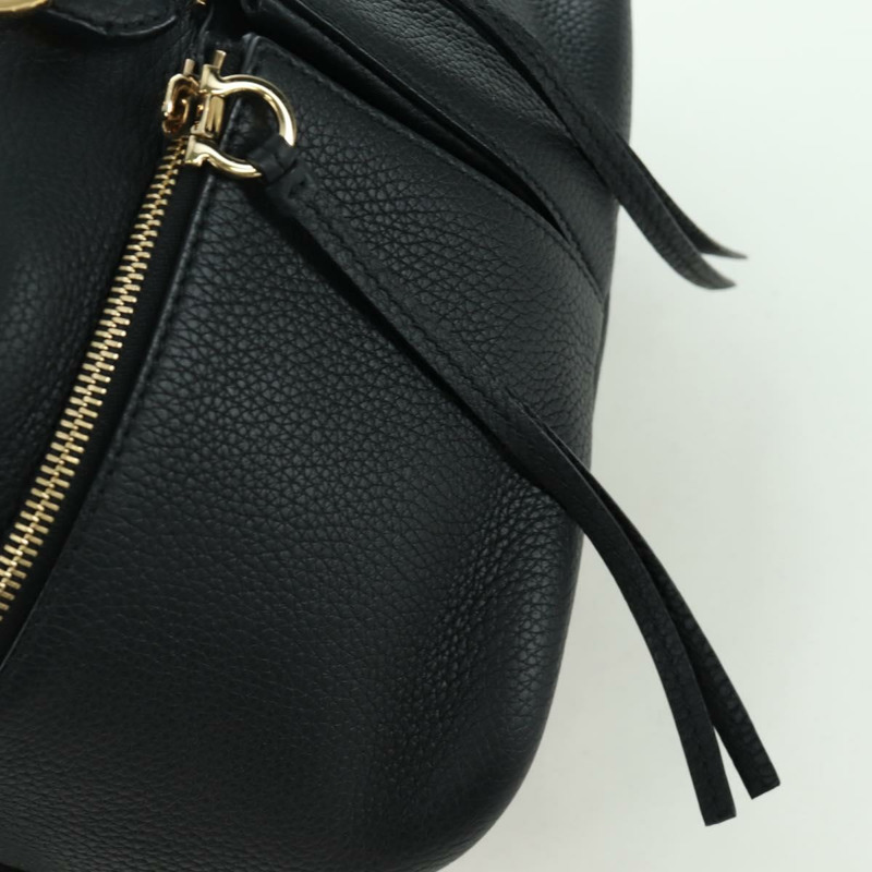 【日本直送】Salvatore Ferragamo Gancini 黑色金色皮革雙肩包 Auth AMZ437V-20