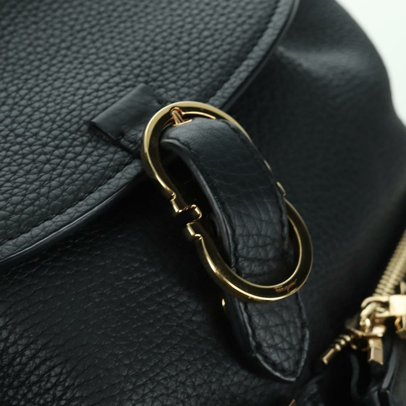 【日本直送】Salvatore Ferragamo Gancini 黑色金色皮革雙肩包 Auth AMZ437V-22