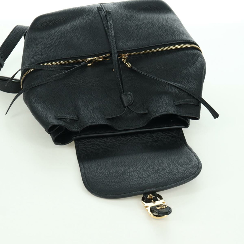 【日本直送】Salvatore Ferragamo Gancini 黑色金色皮革雙肩包 Auth AMZ437V-23
