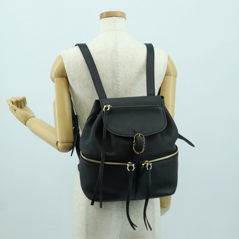 【日本直送】Salvatore Ferragamo Gancini 黑色金色皮革雙肩包 Auth AMZ437V-28