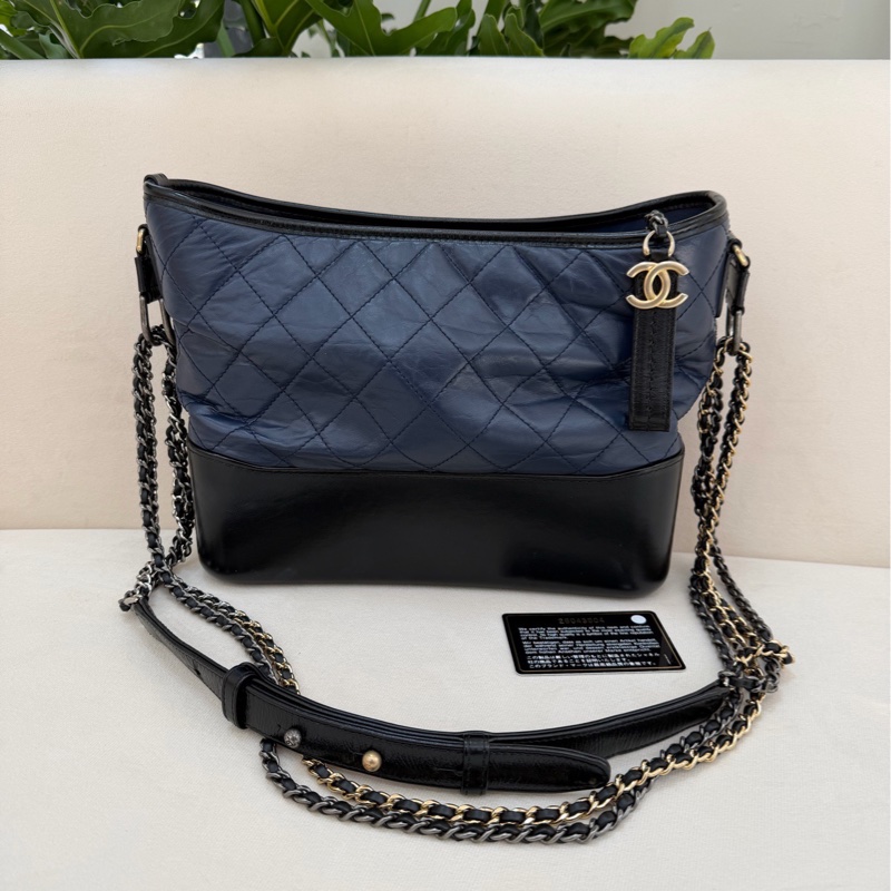 CHANEL / 香奈兒黑藍流浪鏈條包 中號單肩斜挎 26開 98新-1