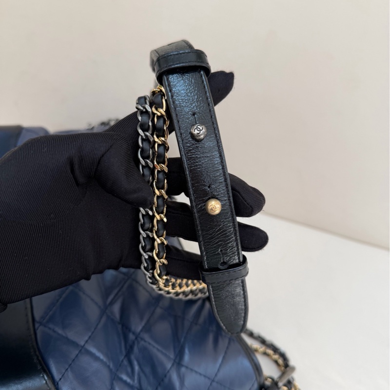 CHANEL / 香奈兒黑藍流浪鏈條包 中號單肩斜挎 26開 98新-7