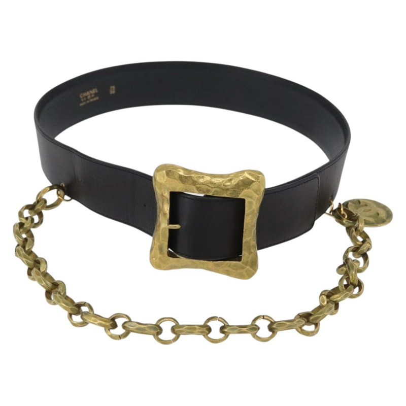 【日本直送】香奈兒鏈條皮帶 皮革 34.6吋 黑色 金色 正品 BAZ038-0