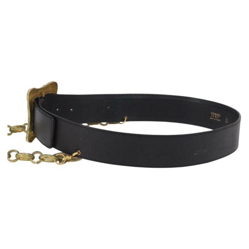 【日本直送】香奈兒鏈條皮帶 皮革 34.6吋 黑色 金色 正品 BAZ038-2