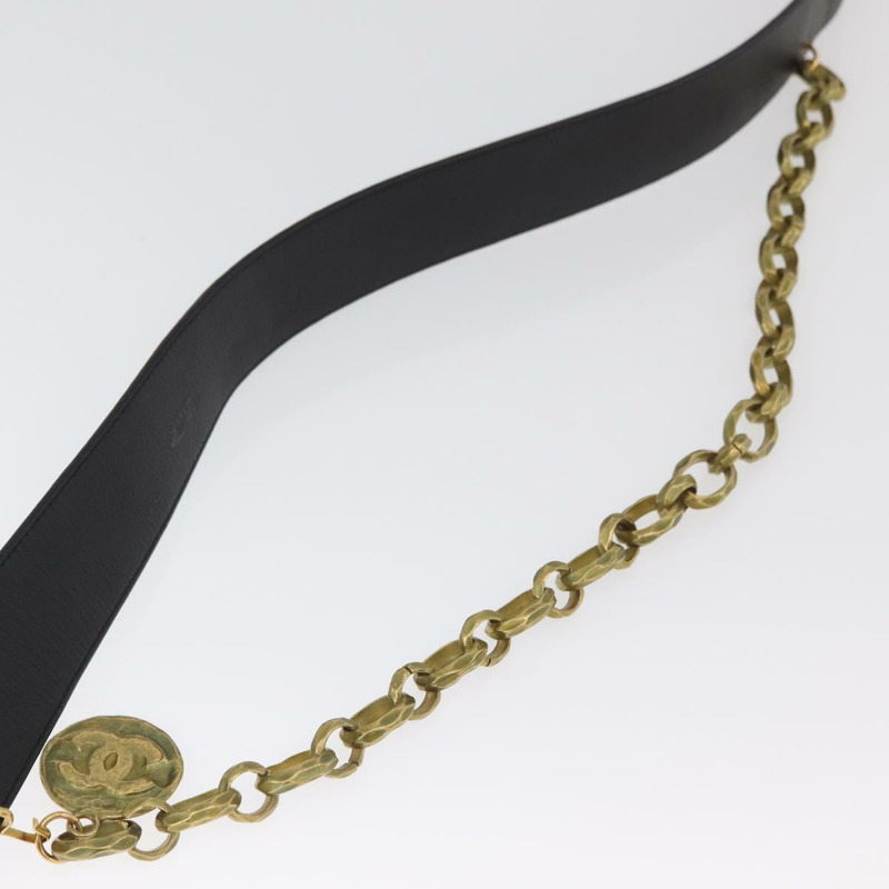 【日本直送】香奈兒鏈條皮帶 皮革 34.6吋 黑色 金色 正品 BAZ038-7