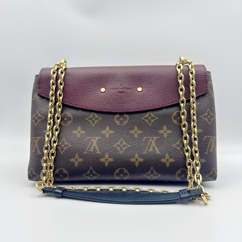 98新   LV路易威登 saint placide傳奇信封包 老花拼酒紅色 牛皮金色鏈條包-1