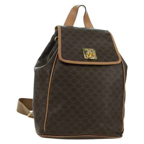 CELINE Macadam帆布雙肩包 PVC皮革 棕色 金色 Auth am11186A