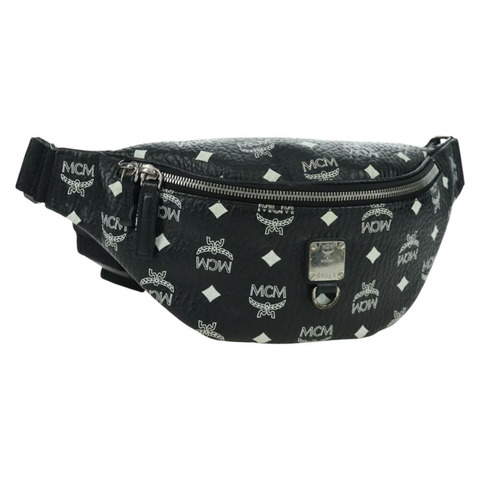 MCM Vicetos Logoogram 皮革斜背包 黑色 銀色 Auth mr2198V