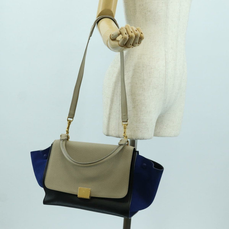 【日本直送】CELINE Trapeze 手提包 皮革 2way 藍色 銀色 正品 BA11737A-27
