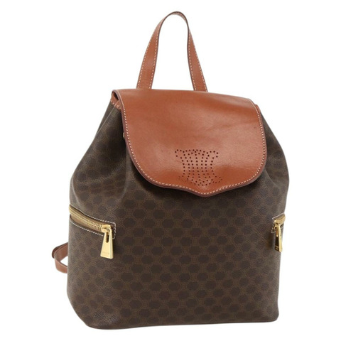 CELINE Macadam帆布雙肩包 PVC皮革 棕色 金色 正品 YKZ829A