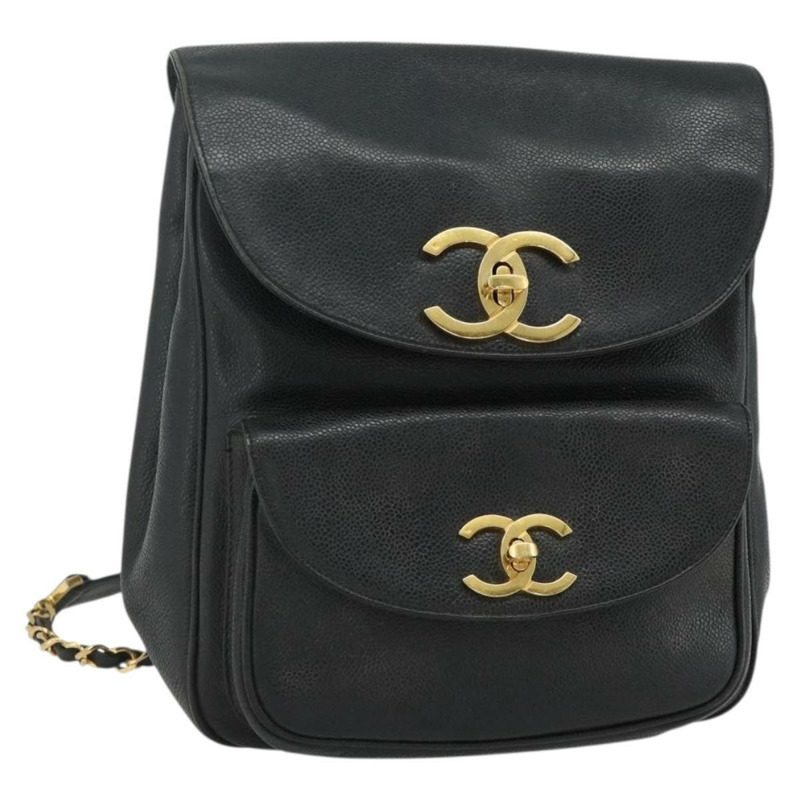 【日本直送】香奈兒魚子醬紋金黑色雙C鏈條背包 Auth ka4012V-0