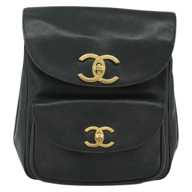 【日本直送】香奈兒魚子醬紋金黑色雙C鏈條背包 Auth ka4012V-1